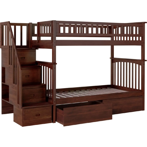 Columbia Staircase Twin over Twin Bunk Bed with Urban Bed Drawers in Walnut