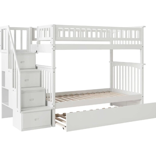 Columbia Staircase Twin over Twin Bunk Bed with Urban Trundle Bed in White