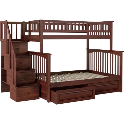 Columbia Staircase Twin over Full Bunk Bed with 2 Raised Panel Drawers in Antique Walnut