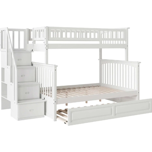 Columbia Staircase Twin over Full Bunk Bed with Raised Panel Trundle in White
