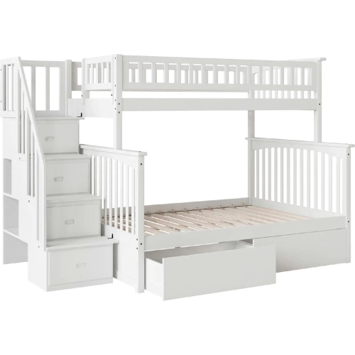 Columbia Staircase Twin over Full Bunk Bed with Urban Bed Drawers in White