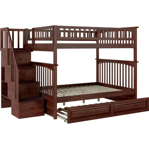 Columbia Staircase Full over Full Bunk Bed with Raised Panel Trundle in Antique Walnut