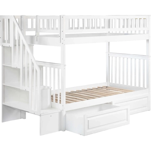 Woodland Staircase Twin over Twin Bunk Bed with 2 Raised Panel Drawers in White