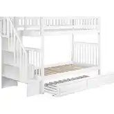 Woodland Staircase Twin over Twin Bunk Bed with Raised Panel Trundle in White
