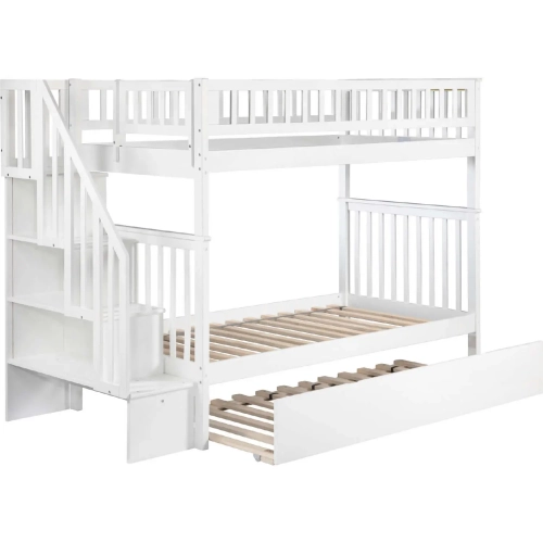 Woodland Staircase Twin over Twin Bunk Bed with Urban Lifestyle Trundle in White