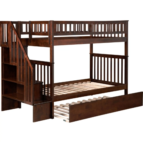 Woodland Staircase Twin over Twin Bunk Bed with Urban Lifestyle Trundle in Antique Walnut