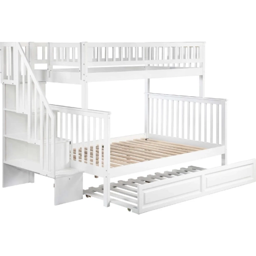 Woodland Staircase Twin over Full Bunk Bed with Twin Raised Panel Trundle in White