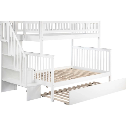 Woodland Staircase Bunk Bed Twin over Full & Full Urban Trundle Bed in White