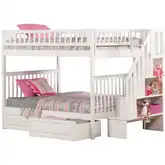 Woodland Staircase Full over Full Bunk Bed with 2 Raised Panel Bed Drawers in White