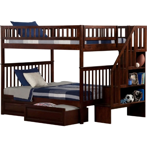 Woodland Staircase Full over Full Bunk Bed with 2 Raised Panel Bed Drawers in Antique Walnut