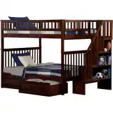 Woodland Staircase Full over Full Bunk Bed with 2 Raised Panel Bed Drawers in Antique Walnut