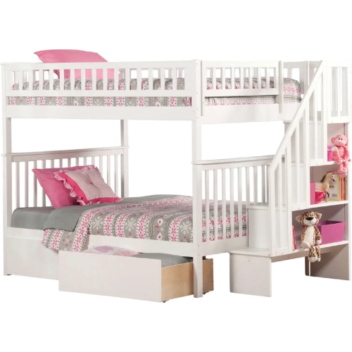 Woodland Staircase Full over Full Bunk Bed with 2 Urban Lifestyle Bed Drawers in White