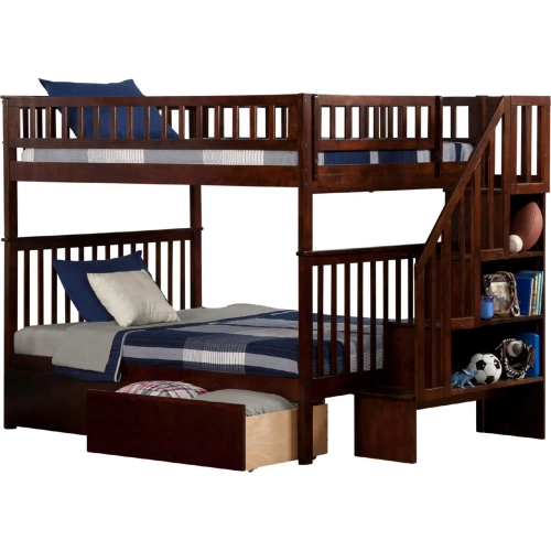Woodland Staircase Full over Full Bunk Bed with 2 Urban Lifestyle Bed Drawers in Antique Walnut