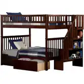 Woodland Staircase Full over Full Bunk Bed with 2 Urban Lifestyle Bed Drawers in Antique Walnut