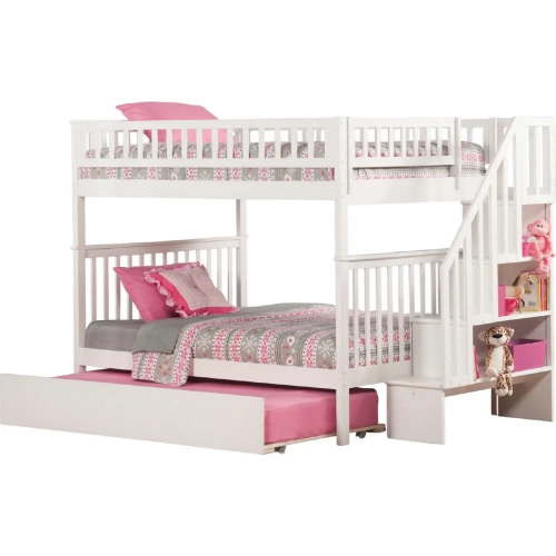 Woodland Staircase Bunk Bed Full over Full & Full Urban Trundle Bed in White