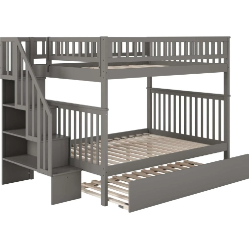 Woodland Staircase Full over Full Bunk Bed with Turbo Charger & Full Trundle in Grey