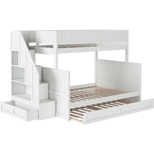 Dover Twin over Full Staircase Bunk Bed w/ Storage Drawer & Twin Trundle in White