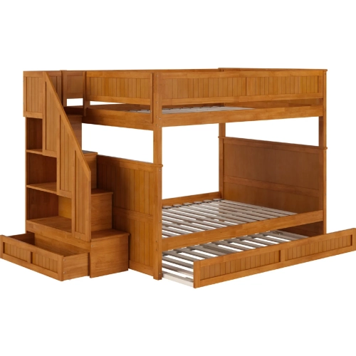 Dover Full over Full Staircase Bunk Bed w/ Storage Drawer & Twin Trundle in Light Toffee