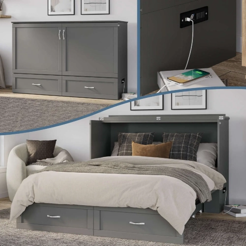 Raleigh Queen Murphy Bed Chest with Mattress in Grey Finish Wood