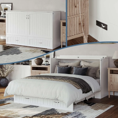 Aspen Queen Murphy Bed Chest with Mattress in White Finish Wood