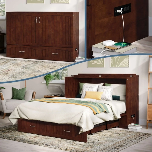 Aspen Queen Murphy Bed Chest with Mattress in Walnut Finish Wood