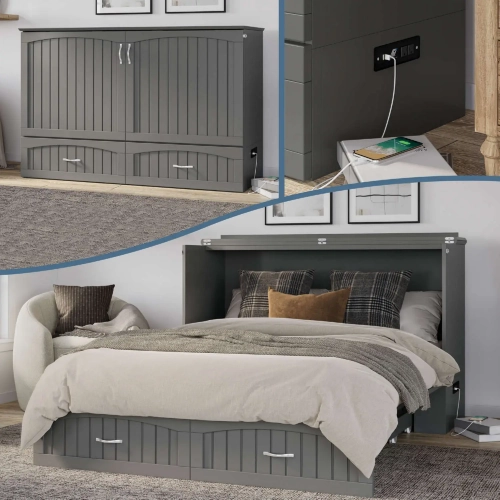 Aspen Queen Murphy Bed Chest with Mattress in Grey Finish Wood