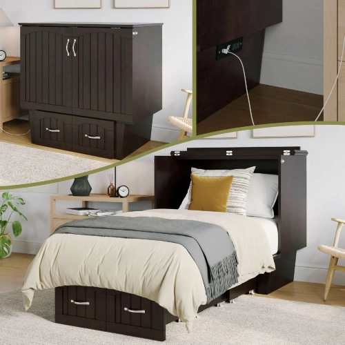 Sydney Twin Murphy Bed Chest with Storage Drawer & Charging Station in Espresso Finish Wood