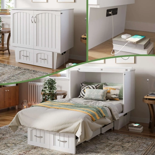 Sydney Twin Murphy Bed Chest with Storage Drawer & Charging Station in White Finish Wood
