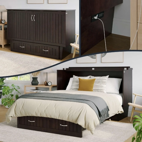 Sydney Coastal Queen Murphy Bed Chest with Mattress in Espresso Finish Wood