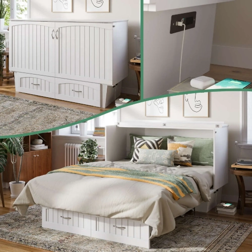 Sydney Coastal Queen Murphy Bed Chest with Mattress in White Finish Wood
