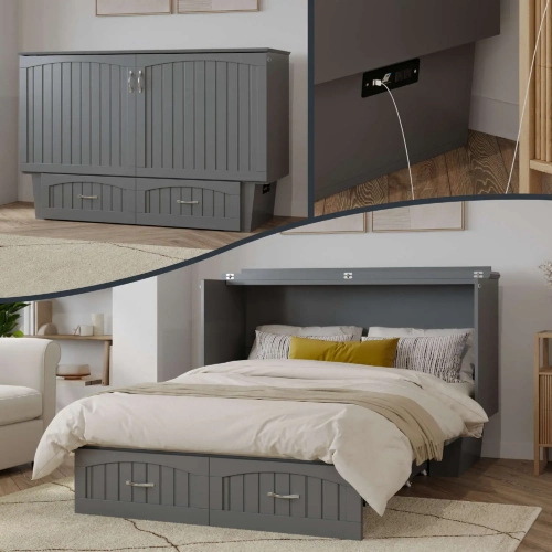 Sydney Coastal Queen Murphy Bed Chest with Mattress in Grey Finish Wood