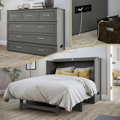 Deerfield Full Murphy Bed Chest with Charging Station in Atlantic Grey Finish