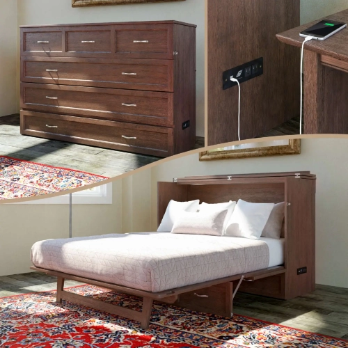 Deerfield Queen Murphy Bed Chest in Burnt Amber with Charging Station