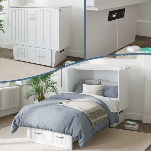 Nantucket Twin Murphy Bed Chest with Charging Station & Coolsoft Mattress in White