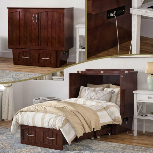 Nantucket Twin Murphy Bed Chest with Storage & Charging in Walnut Finish Wood