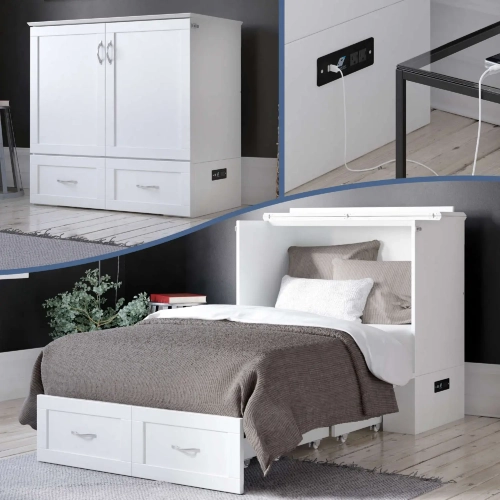 Hamilton Twin XL Murphy Bed Chest with Charging Station in White Finish
