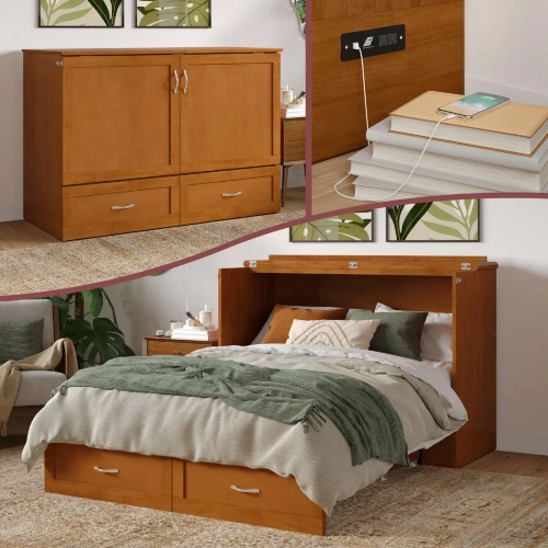 Hamilton Full Murphy Bed Chest with Mattress, Storage & Charger in Light Toffee