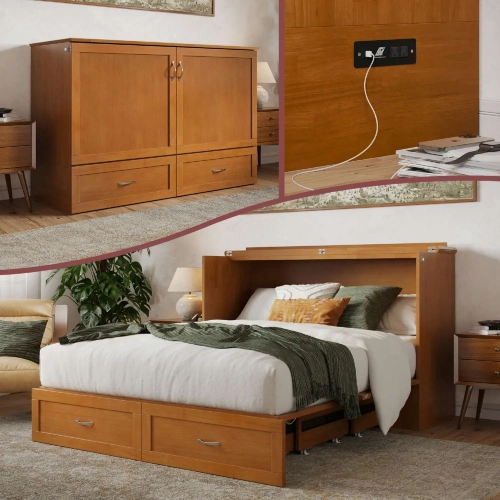 Hamilton Queen Murphy Bed Chest with Mattress, Storage & Charger in Light Toffee