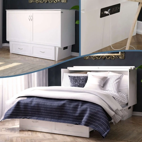 Monroe Queen Murphy Bed Chest with Charging Station & Mattress in White