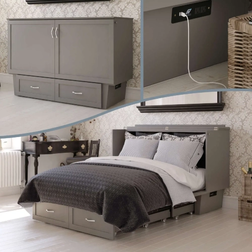 Monroe Queen Murphy Bed Chest with Charging Station & Mattress in Grey