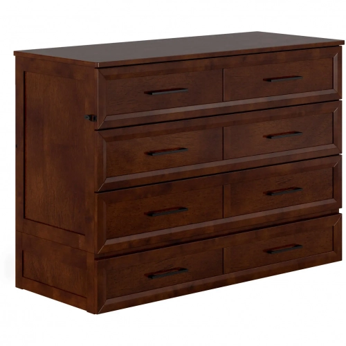 Tucson Full Murphy Bed Chest with 6" Mattress, Drawer & Built in Charger in Walnut Finish Wood