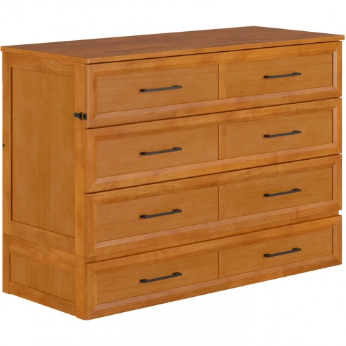 Tucson Full Murphy Bed Chest with 6" Mattress, Drawer & Built in Charger in Light Toffee Finish Wood