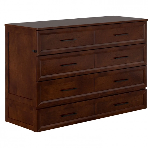 Tucson Queen Murphy Bed Chest with 6" Mattress, Drawer & Built in Charger in Walnut Finish Wood