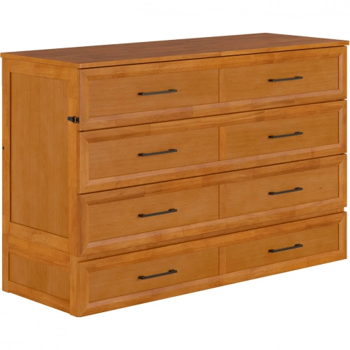 Tucson Queen Murphy Bed Chest with 6" Mattress, Drawer & Built in Charger in Light Toffee Finish