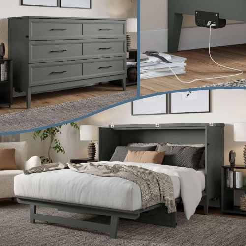 Santa Fe Queen Murphy Bed Chest with Built in Charger & Mattress in Grey Finish Wood