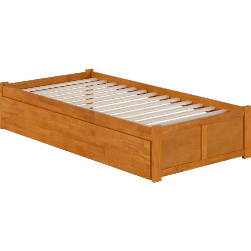 Concord Twin XL Platform Bed with Footboard & Twin XL Trundle in Light Toffee Finish Wood