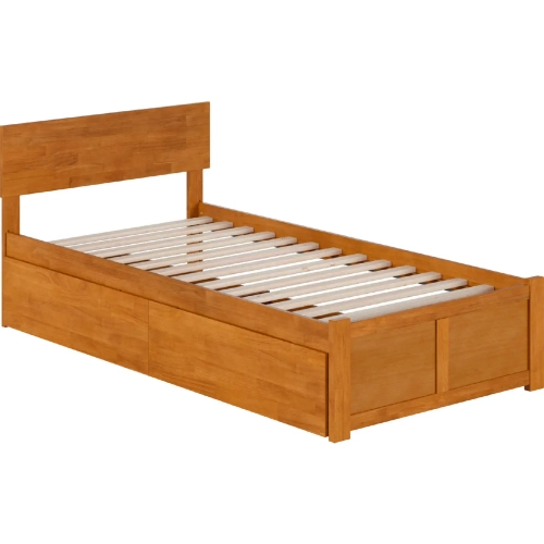 Orlando Twin XL Platform Bed with Footboard, 2 Drawers & Charging in Light Toffee