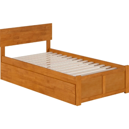 Orlando Twin Platform Bed with Footboard, Twin Trundle & Charging in Light Toffee
