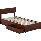 Wesley Twin XL Platform Bed with Panel Footboard, Drawers & Charging in Walnut Finish