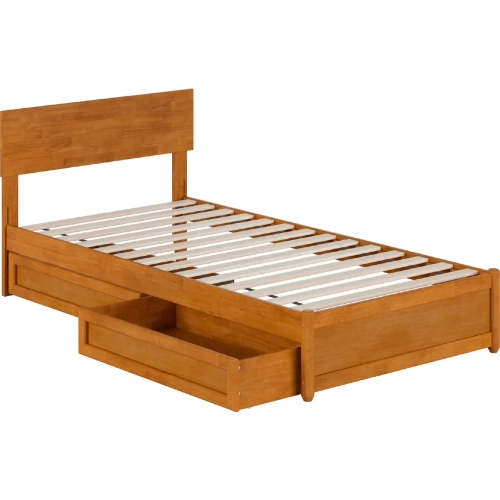 Wesley Twin XL Platform Bed with Panel Footboard, Drawers & Charging in Light Toffee